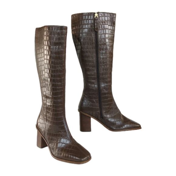 Journee Collection Shoes - JOURNEE COLLECTION Tamori Leather Boot Brown Croc Embossed Knee High Women's 9.5